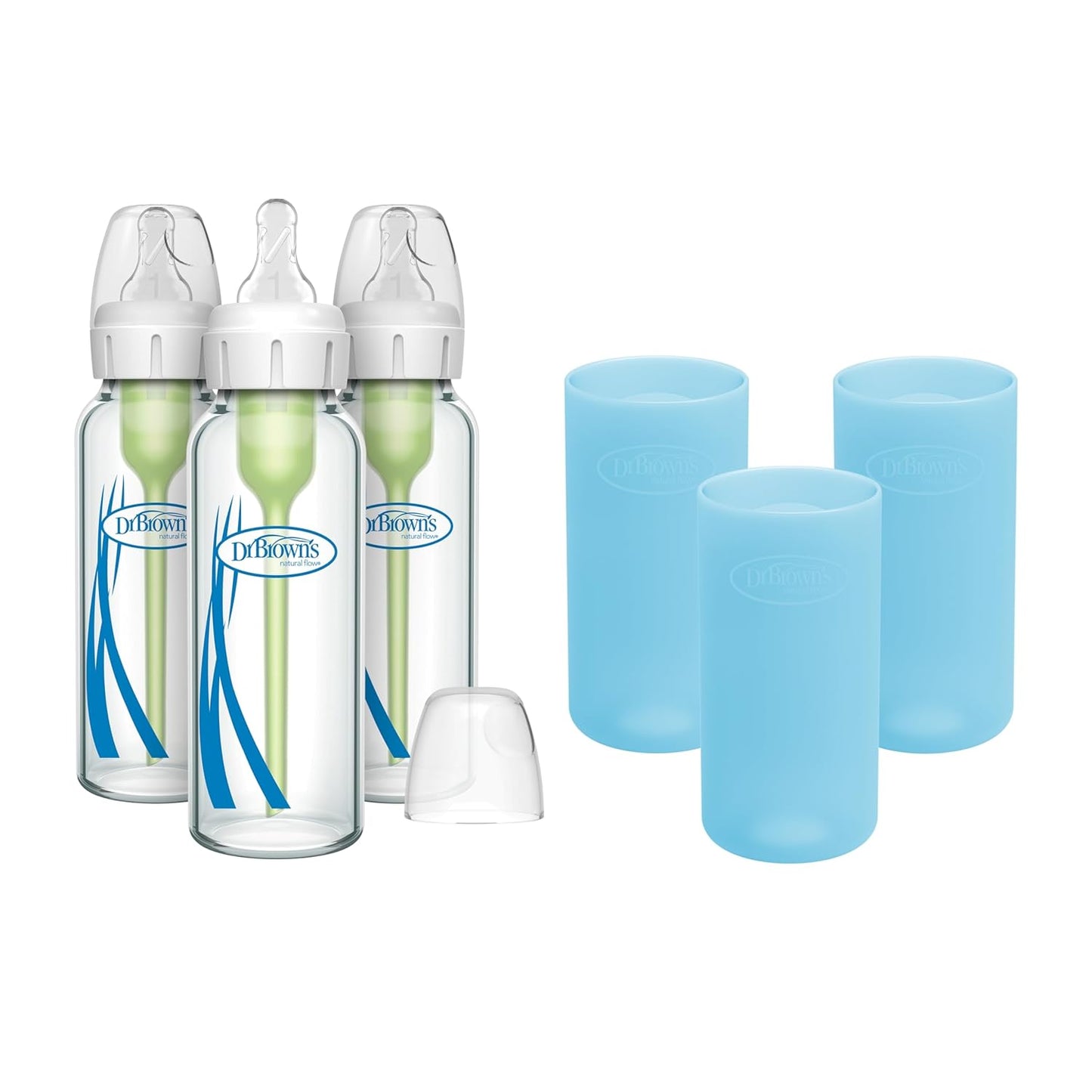 Dr. Brown's Anti-Colic Options+ Narrow Glass Baby Bottles 8 oz/250 mL, with Level 1 Slow Flow Nipple, 3 Pack 0m+ with Mint 100% Silicone Sleeves, BPA-Free