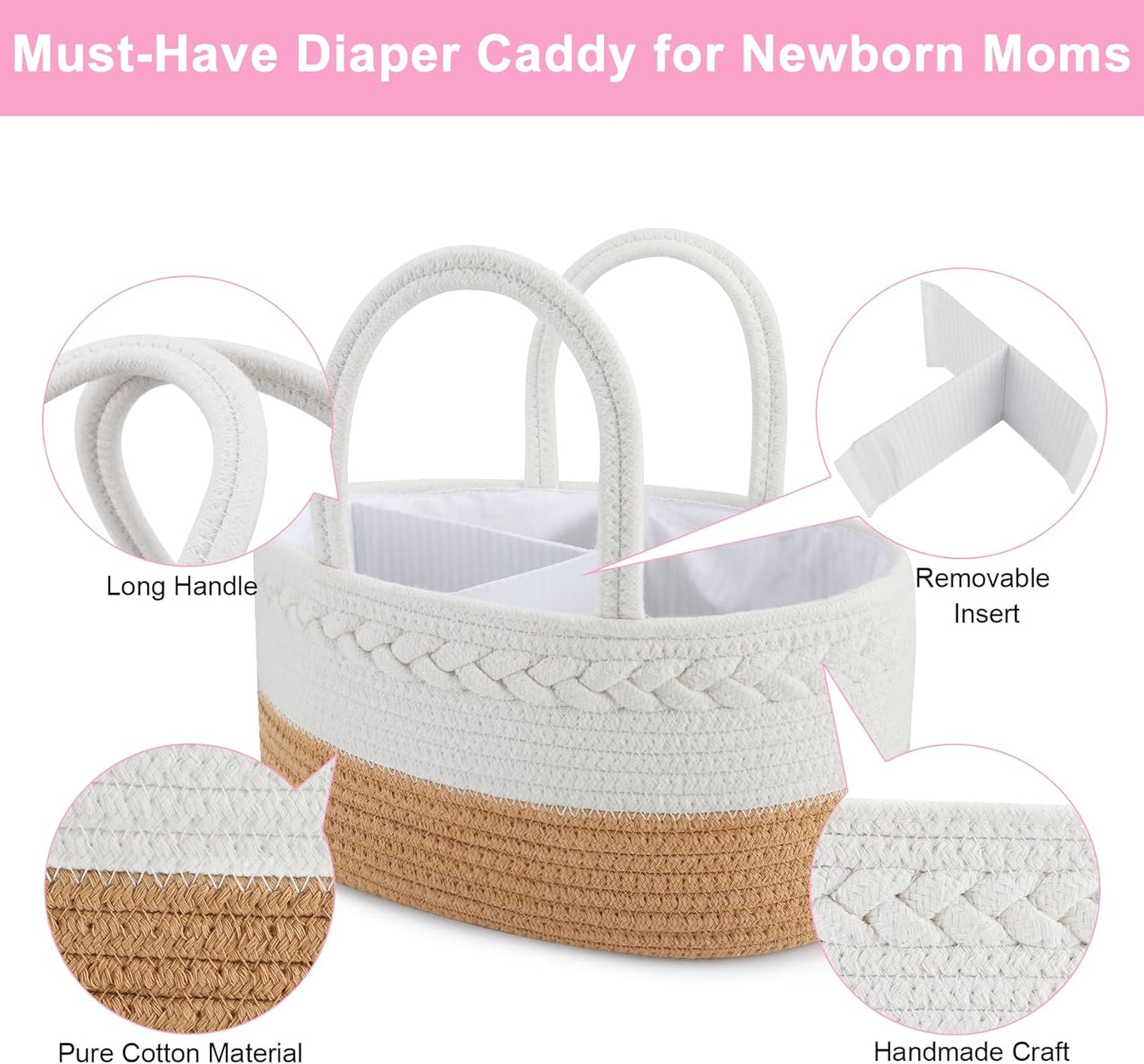 ABenkle Baby Diaper Caddy, Nursery Storage Bin and Car Organizer for Diapers and Baby Wipes, Cotton Rope Diaper Basket Caddy, Changing Table Diaper Storage Caddy