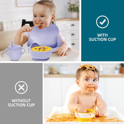 100% Silicone Baby Feeding Set, BPA Free Baby Dishes with Suction Bowl, Divided Plate, Toddler Self Feeding Dish Set with Spoons, Forks, Sippy Cup and Bib, Baby Eating Utensils (Navy Blue)
