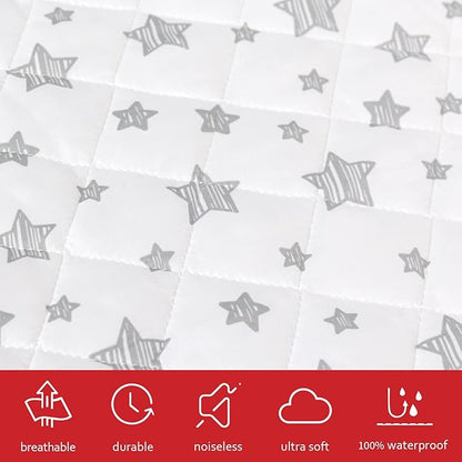 Crib Mattress Protector Waterproof 2 Pack, Quilted Crib Mattress Pad Cover 52" x 28" Extra Soft Breathable Toddler Bed Cover Stretch Up to 8", Grey & White Star