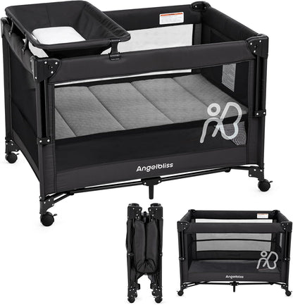 ANGELBLISS Baby Bassinet Bedside Crib, Pack and Play with Mattress, Diaper Changer, One-Push Setup Playards from Infants to Toddlers (Balck)