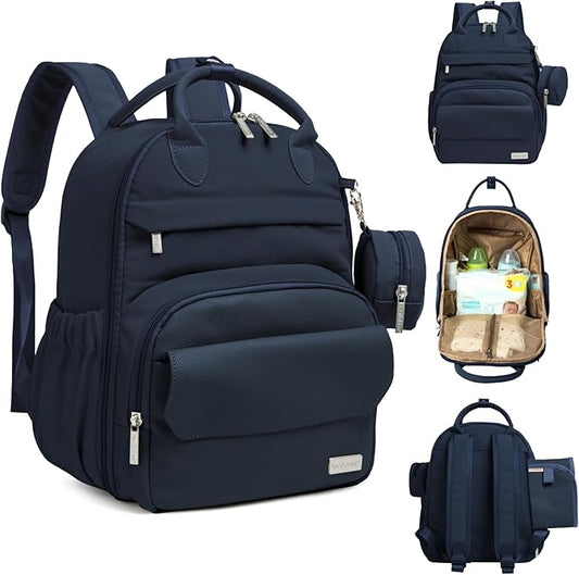 KeaBabies Diaper Bag Backpack - Small Multifunctional Travel Diaper Back Packs, Maternity Baby Changing Bags, 12L Capacity, PU Leather, Waterproof, Unisex, Nappy Changing Pad (Navy Blue, Small)