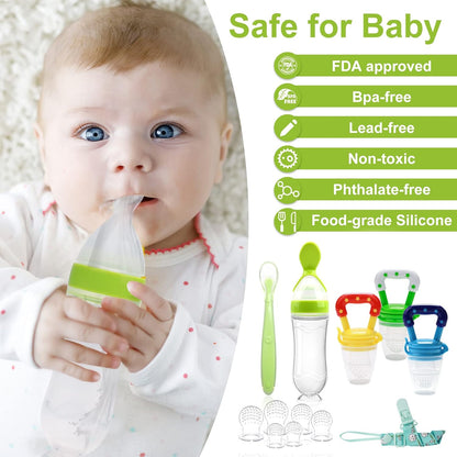 WAJIAYON Baby Fruit Feeder Pacifier - 12 Pack | 2 Infant Food Feeder Pacifier & 1 Babies Food Dispensing Spoon | Fresh Fruit Teethers for Babies | Silicone Feeder Baby,Infant Teething Feeders(Green)