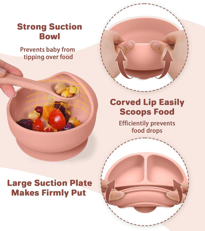 Silicone Baby Feeding Set, 10 Pcs Baby Led Weaning Supplies Baby Eating Essentials Set with Suction Bowl Divided Plate Adjustable Bib Soft Spoon Fork Cup with Lid Drinking Cup, Travel Bag (Blue)