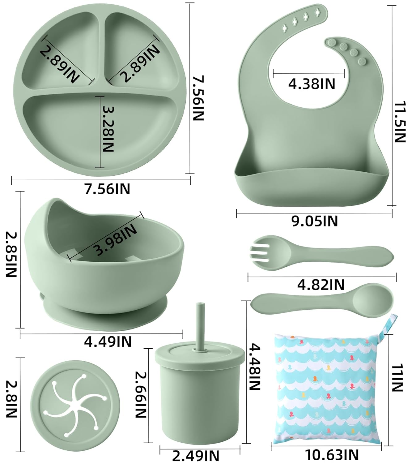 Silicone Baby Feeding Set, 10 Pcs Baby Led Weaning Supplies Baby Eating Essentials Set with Suction Bowl Divided Plate Adjustable Bib Soft Spoon Fork Cup with Lid Drinking Cup, Travel Bag (Blue)