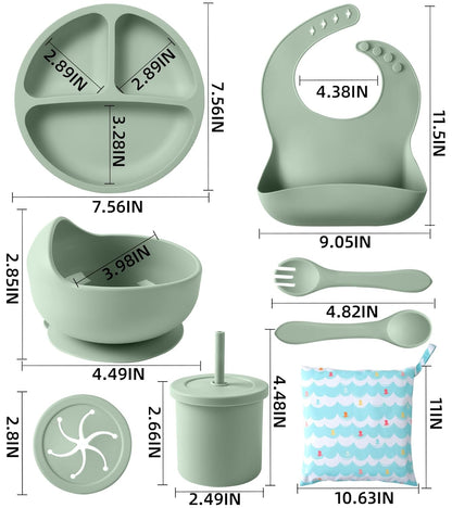 Silicone Baby Feeding Set, 10 Pcs Baby Led Weaning Supplies Baby Eating Essentials Set with Suction Bowl Divided Plate Adjustable Bib Soft Spoon Fork Cup with Lid Drinking Cup, Travel Bag (Blue)