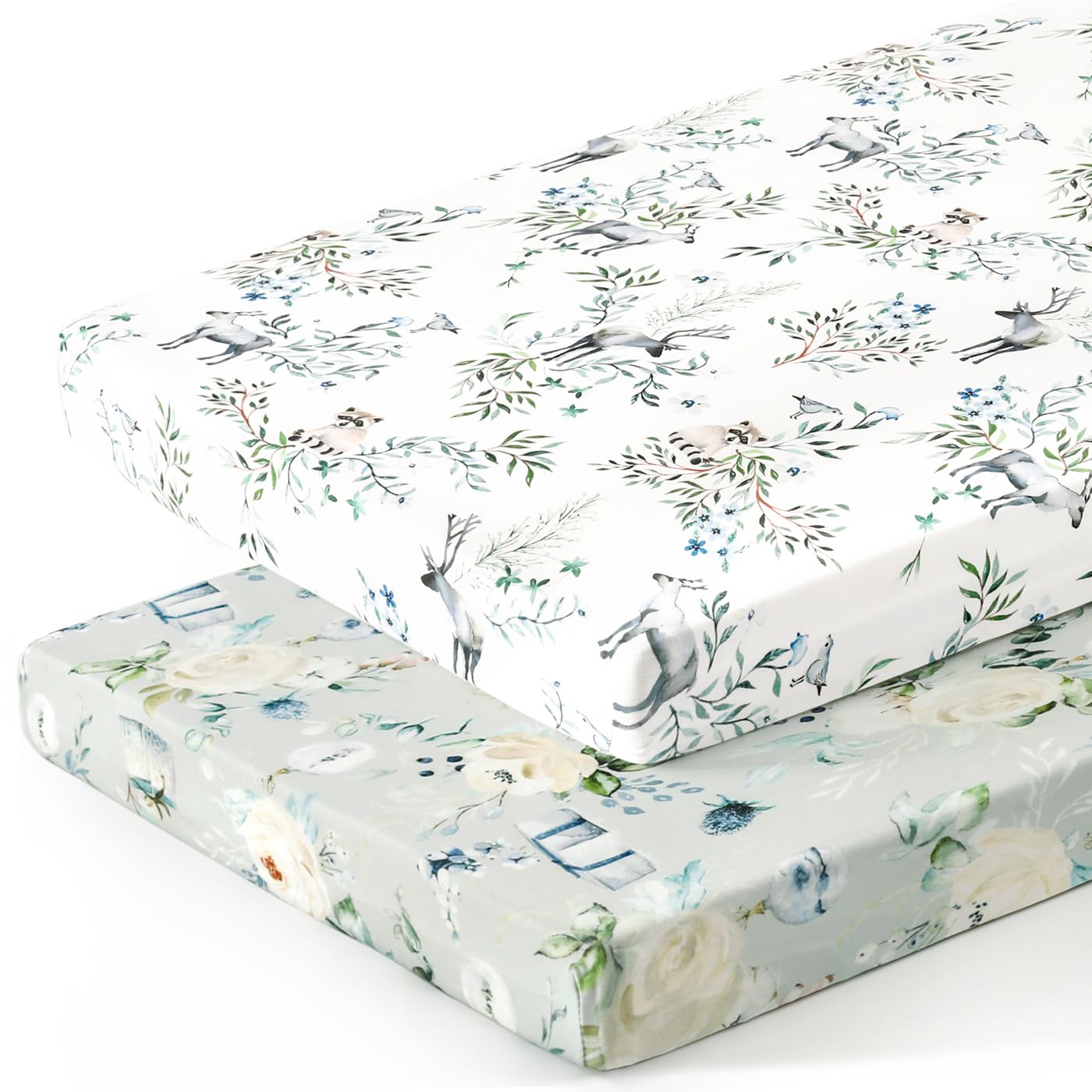 GRSSDER Stretch Ultra Soft Jersey Knit Fitted Pack n Play Playard Sheets Set 2 Pack，Fits Portable/Mini Cribs Sheets, Playards Mattress Pads, Stylish Watercolor Animals for Baby, Mint Green