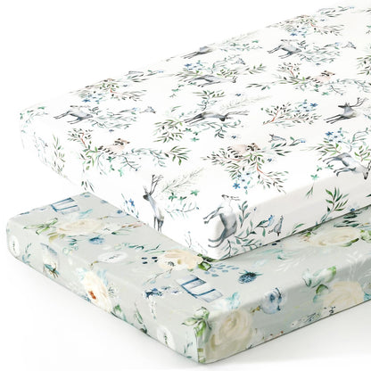 GRSSDER Stretch Ultra Soft Jersey Knit Fitted Pack n Play Playard Sheets Set 2 Pack，Fits Portable/Mini Cribs Sheets, Playards Mattress Pads, Stylish Watercolor Animals for Baby, Mint Green