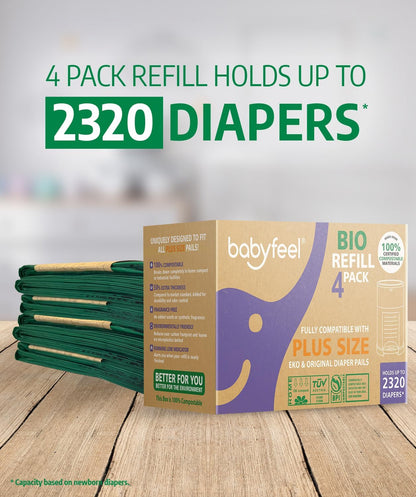 Babyfeel BIO Refills Compatible with DEKOR PLUS Diaper Pails | 100% Compostable | 4 Pack | 50% Extra Thickness | Compost Refill bags with Running Low Indicator | Powerful Odor Control | Fragrance-free