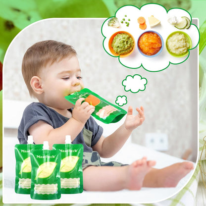 Maxcheck 103 Pcs Refillable Baby Food Pouches Maker Set Include 100 Pcs Portable Fruit Puree Pouch Storage Bags, Baby Food Maker, Pen and Brush for Babies Kids Toddlers