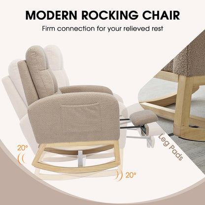NIOIIKIT Modern Nursery Rocking Chair, Teddy Upholstered Rocking Chair with Footrest, Comfortable Rocker Recliner with Side Pocket, Rocker Glider for Living Room, Bedroom, Nursing Room (Apricot)