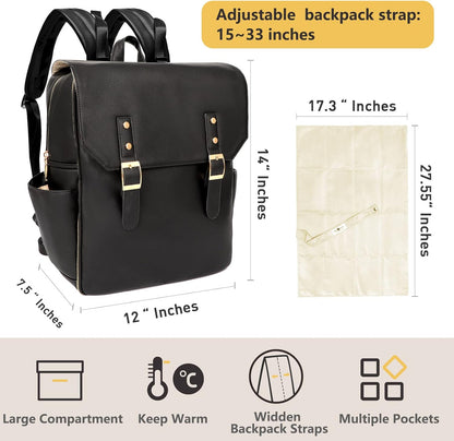 miss fong Diaper Bag Backpack Baby Diaper Bag for baby boy and girls, Leather Baby Bag with 13 diaper bag organizing pouches, Changing Pad, Stroller Straps and 4 Insulated Pockets(Black)