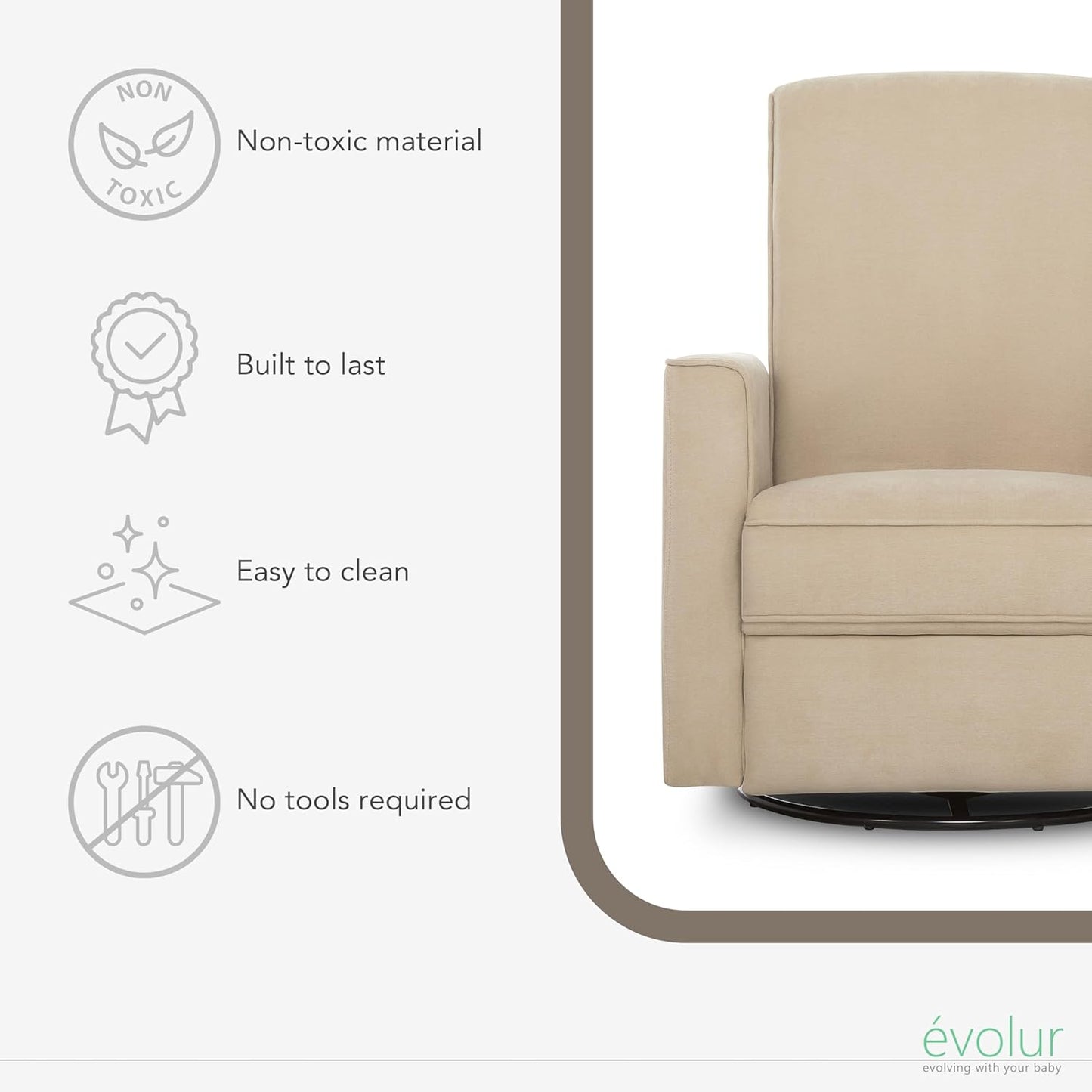 Evolur Harlow Upholstered Power Glider Recliner with USB Charging – Rocking & 275° Swivel with Smooth Glide – Greenguard Gold & FSC Certified – Modern Nursery and Living Room Chair in Light Sand