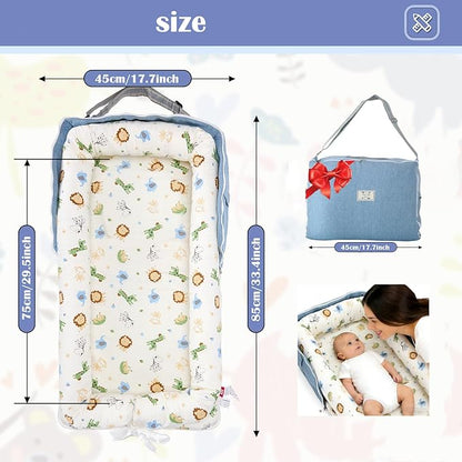 Baby Lounger for Newborns & Infants 0–24 Months, 100% Cotton Breathable Infant Support Cushion with Adjustable Size, Portable Baby Nest for Home and Travel, Baby Shower Gift (Animal World Blue)