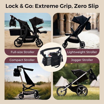 Momcozy Extra Large Stroller Organizer Max | with Food Grade Pacifier Teether Bag | 2 Insulated Cup Holder | Silicone Anti-Slip Straps | 3-Way Usage | Detachable Small Pouch | for UPPAbaby/Doona