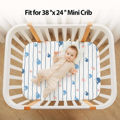Baby Mini Crib Sheets Girl, Portable 38”x26” Pack and Play Sheets Fitted for Playard and Pack N Play Mattress, 3-Pack Soft Microfiber Pink Rainbow