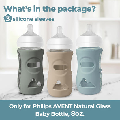 3 Pack Silicone Sleeves for Philips Avent Natural Glass Baby Bottles, Food Grade Silicone Anti Breakage Baby Bottles Holder, Compatible with Philips Avent Glass Natural Baby Bottle 8oz
