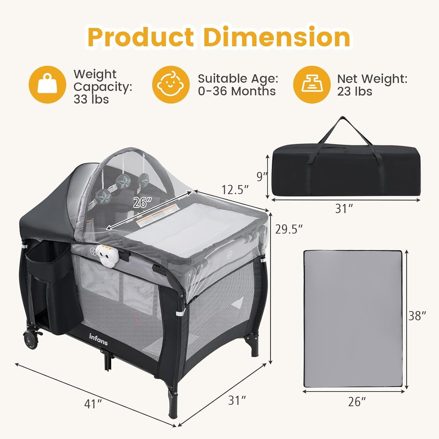 INFANS 4 in 1 Pack and Play, Portable Travel Baby Playard with Bassinet, Changing Table, Canopy, Mosquito Net, Hanging Toys, Music Box, Storage Bag, Large Playpen from Newborn to Toddlers (Pink)