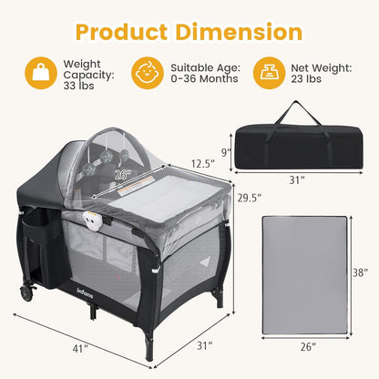 INFANS 4 in 1 Pack and Play, Portable Travel Baby Playard with Bassinet, Changing Table, Canopy, Mosquito Net, Hanging Toys, Music Box, Storage Bag, Large Playpen from Newborn to Toddlers (Pink)
