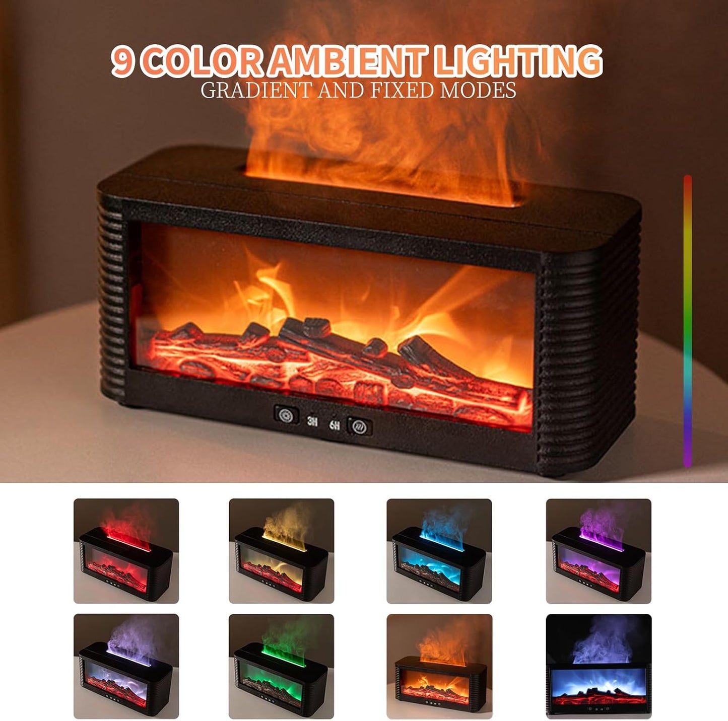 Flame Effect Essential Oil Diffuser, Ultrasonic Aromatherapy Humidifier with 9 Color LED Lights & Timer, Fireplace-Style Cool Mist Air Diffuser for Home Bedroom Office Yoga