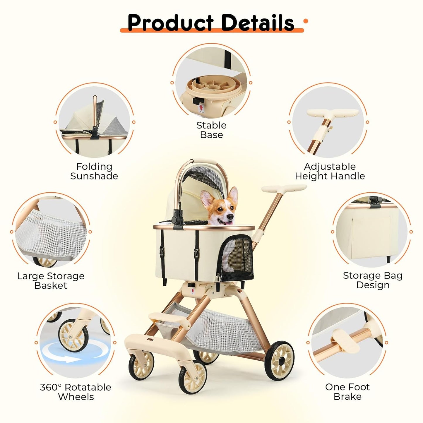Pet Stroller for Small Dogs - 3 In1 Dog Stroller with Adjustable Handle and Detachable Carrier Car Seat, Foldable Cat Stoller with 5" Lockable All-Terrain Wheels