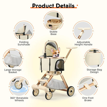 Pet Stroller for Small Dogs - 3 In1 Dog Stroller with Adjustable Handle and Detachable Carrier Car Seat, Foldable Cat Stoller with 5" Lockable All-Terrain Wheels