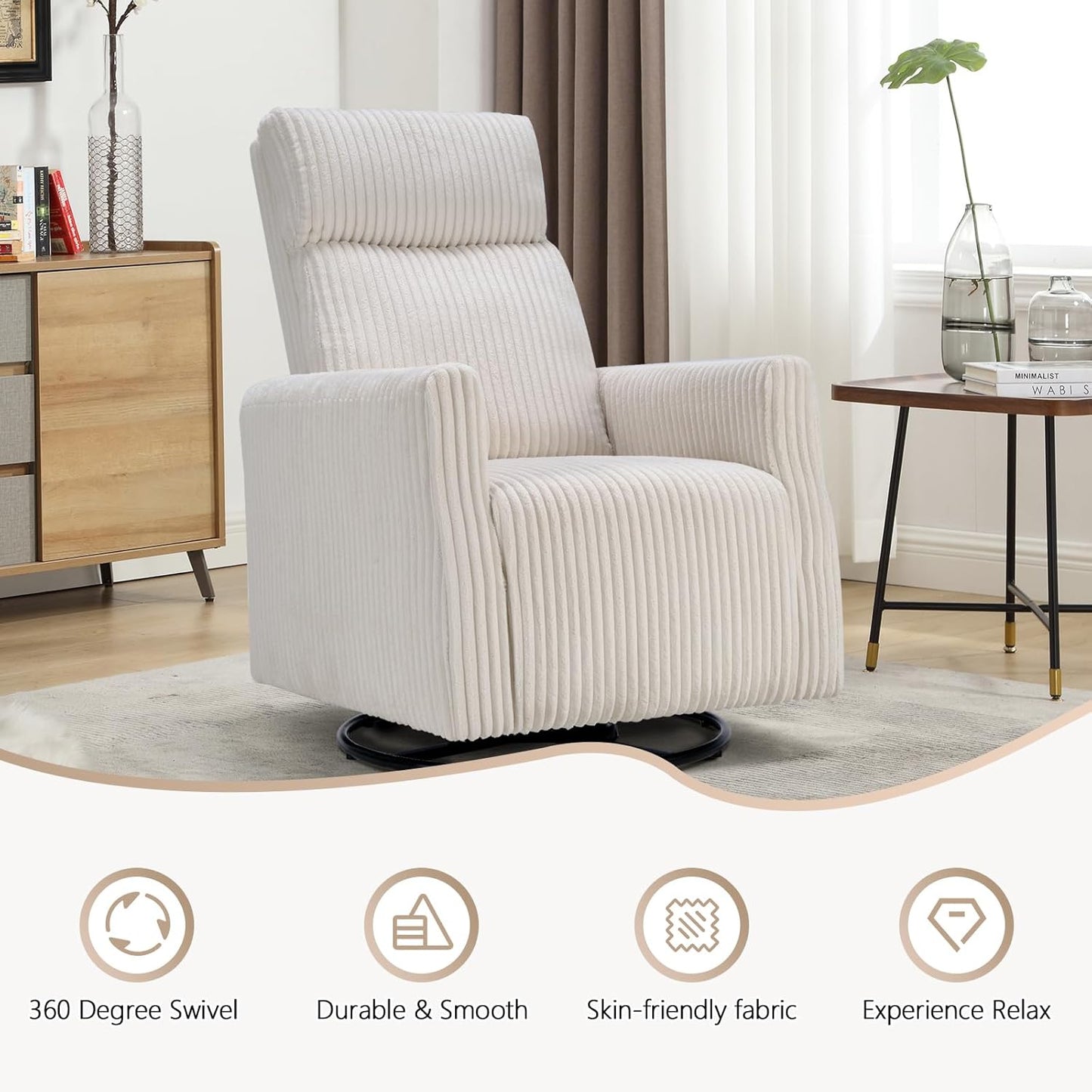 CANMOV Swivel Rocker Chair for Nursery, Swivel Accent Chair with High Back and Arms, Corduroy Glider Chair for Living Room Bedroom Nursery, Grey