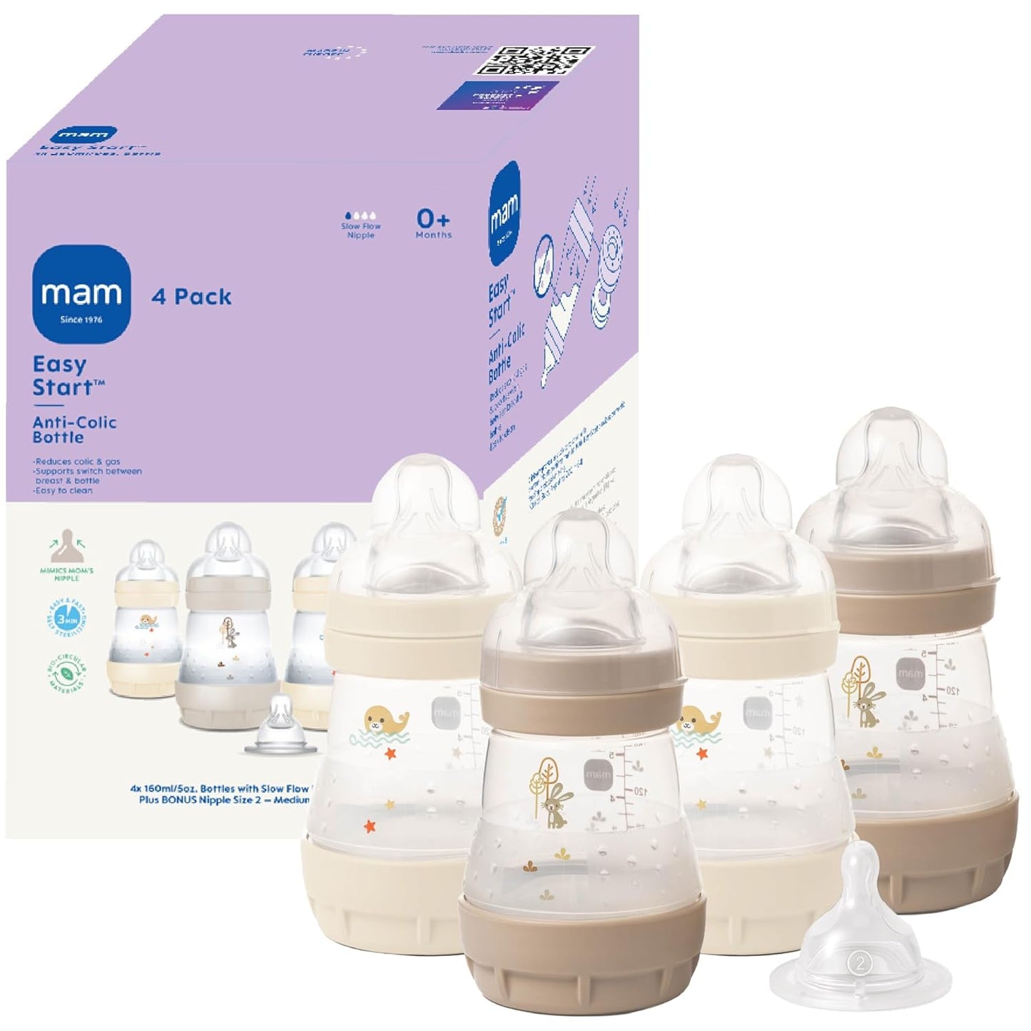 MAM 4.5oz Easy Start Anti-Colic Wide Neck Vented Baby Bottle, Extra Slow Flow Breastfeeding-Like Silicone Nipple, Reduces Colic, Gas & Reflux, Easy to Clean, BPA Free, 0+ Months, Made in Europe