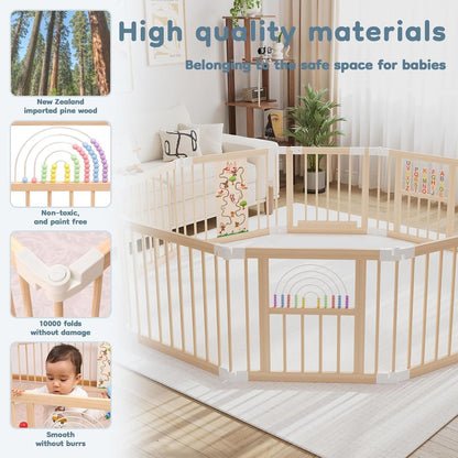 Ulnxiy Foldable Wooden Baby Playpen Activity Center,Adjustable Size & Shape Portable Play Yard, Baby Fence Play Area with Gate for Indoor Use for Babies and Toddlers(84x56x24inches)