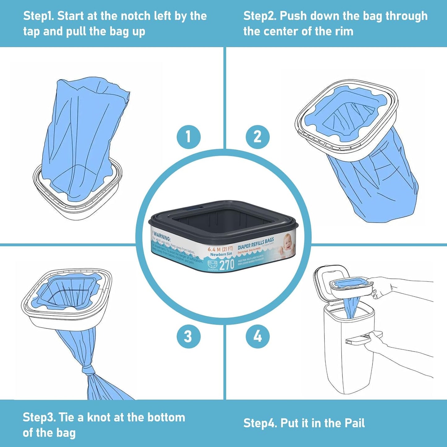 Square Starter Refills Disposal Bags Refill Compatible with Diaper Genie Classic, Compact and Select Pails, Hold Up to 165 Newborn-Sized Diapers Per Refill, 6 Pack