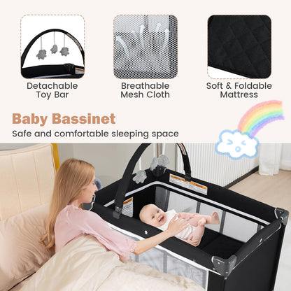 BABY JOY 3 in 1 Pack and Play, Travel Baby Crib Bassinet Bed with Bassinet, Changing Table with Safety Belt, Toy Bar, Lockable Wheels, Portable Baby Playard from Newborn to Toddler