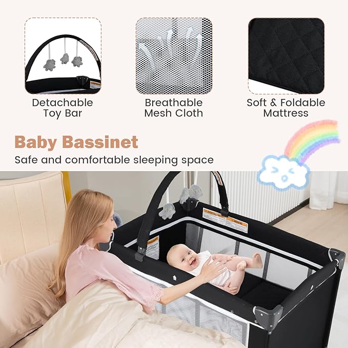 BABY JOY 3 in 1 Pack and Play, Travel Baby Crib Bassinet Bed with Bassinet, Changing Table with Safety Belt, Toy Bar, Lockable Wheels, Portable Baby Playard from Newborn to Toddler