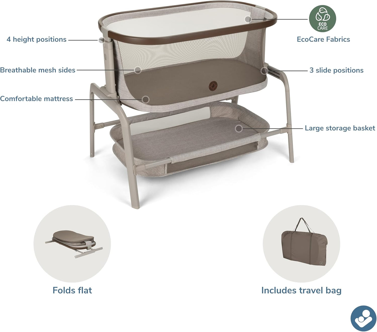 Maxi-Cosi Iora Baby Bassinets Bedside Sleeper, Portable Bassinet, Infant Bedside Sleeper Crib, Height Adjustable, Breathable Mesh, Large Storage Basket, Truffle