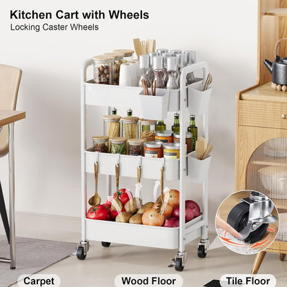 Beige 3 Tier Rolling Cart Metal on Wheels, Three Tiered Storage Organizer Utility Trolley with Wheels for Art, Craft, Baby Diaper Caddy, Snack, Book, Nail, Lash, Cleaning Supplies, Kitchen, Bathroom