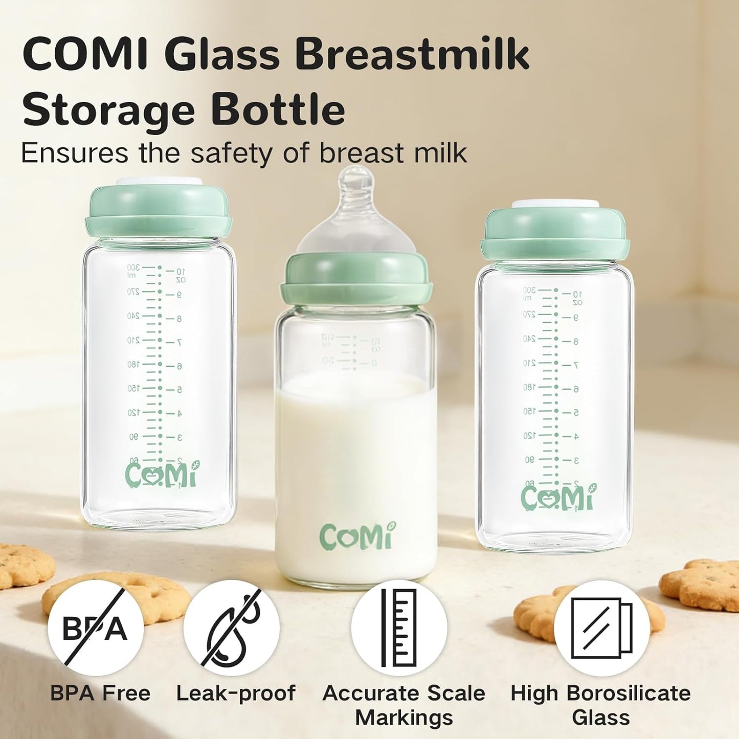 COMI Wide Neck Glass Breastmilk Collection n Storage Bottle, 4 Packs,10oz with Screw Ring Sealing Disk,Re-markable Sealing Disc,BPA Free,Fits Breast Pumps&Nipples(4 Green Lids)