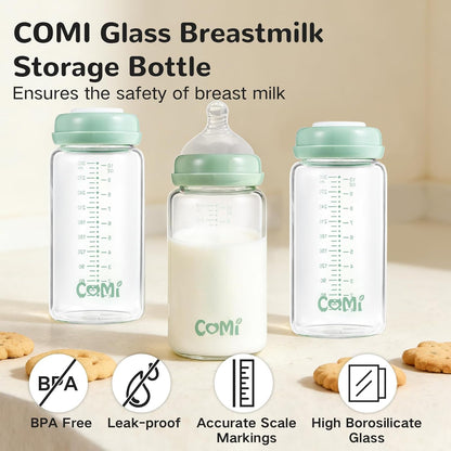 COMI Wide Neck Glass Breastmilk Collection n Storage Bottle, 4 Packs,10oz with Screw Ring Sealing Disk,Re-markable Sealing Disc,BPA Free,Fits Breast Pumps&Nipples(4 Green Lids)