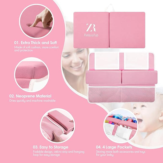 Bath Kneeler and Elbow Rest Pad Set - 2-Inch Thick Comfortable Baby Bath Kneeler Pads, Quick-Dry Non-Slip Bathtub Mat with Toy Organizer for Knee & Arm Support for Baby Bath Time