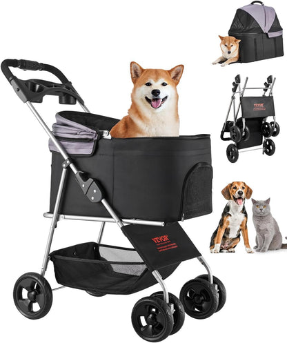VEVOR Pet Stroller, 44 lbs Weight Capacity, Foldable Dog Cart, 4 Wheels Cats Stroller with Mesh Windows & Revrsible Handle, Portable Pet Carrier with Brake, for Small to Medium Pets