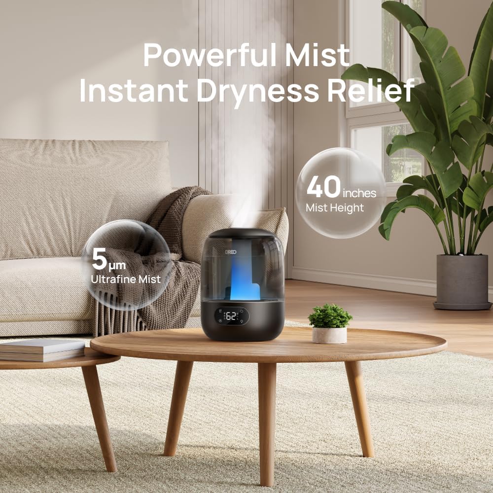 DREO Humidifiers for Bedroom, 3L Top Fill 30H & 26dB Quiet Runtime for Large Room, Cool Mist Ultrasonic Humidifier with Humidity Sensor, Night Light for Home, Baby, Nursery, Plants, New Edition