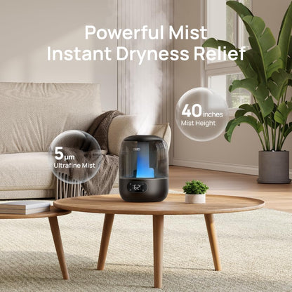 DREO Humidifiers for Bedroom, 3L Top Fill 30H & 26dB Quiet Runtime for Large Room, Cool Mist Ultrasonic Humidifier with Humidity Sensor, Night Light for Home, Baby, Nursery, Plants, New Edition