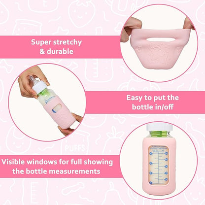 KingKam 4 Pack Silicone Sleeves for Dr. Brown's Glass Baby Bottles, Anti Breakage Baby Bottle Sleeves Holder, Compatible with Dr. Brown's Anti-Colic Options+ Narrow Glass Baby Bottles, 4 oz/120 mL