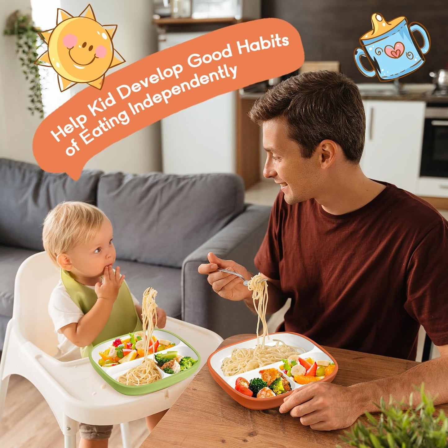 Domensi Kids Porcelain Plates with Silicone Sleeves 8.2 Inch Divided Porcelain Plate Toddler White Suction Dishes for Baby Troubleless Eating Microwave Dishwasher Safe(Stylish,3 Set)