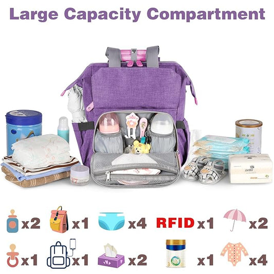 Jiefeike Diaper Bag Backpack,Purple baby bag for Mom Dad Girls Boys,15.6inch baby girl diaper bag with Insulated Pockets,RFID Anti-Theft Water-Resistant Pocket