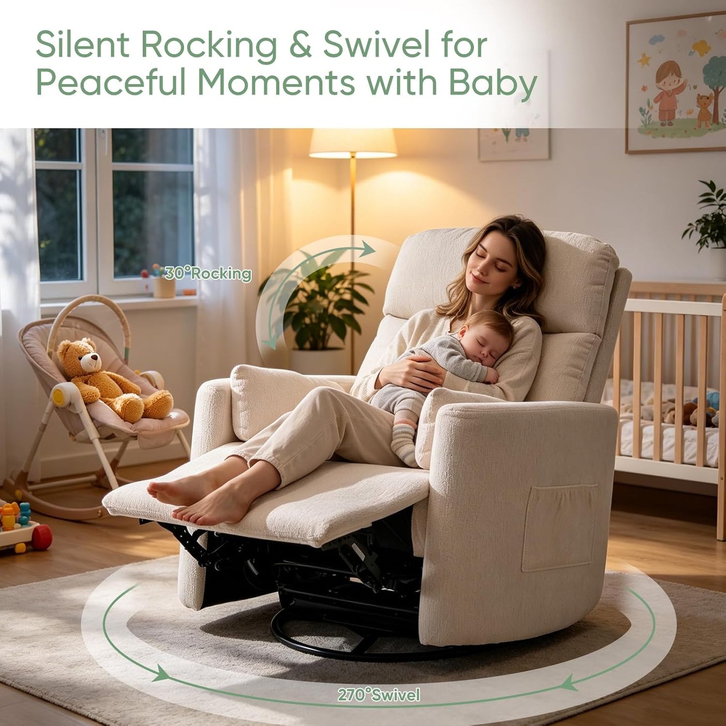 Oversized Swivel Rocker Recliner Chair with Heat and Massage, Rocking Chair with Adjustable Headrest, Manual Recliner, Glider Recliner with 2 Pillows, Chenille White