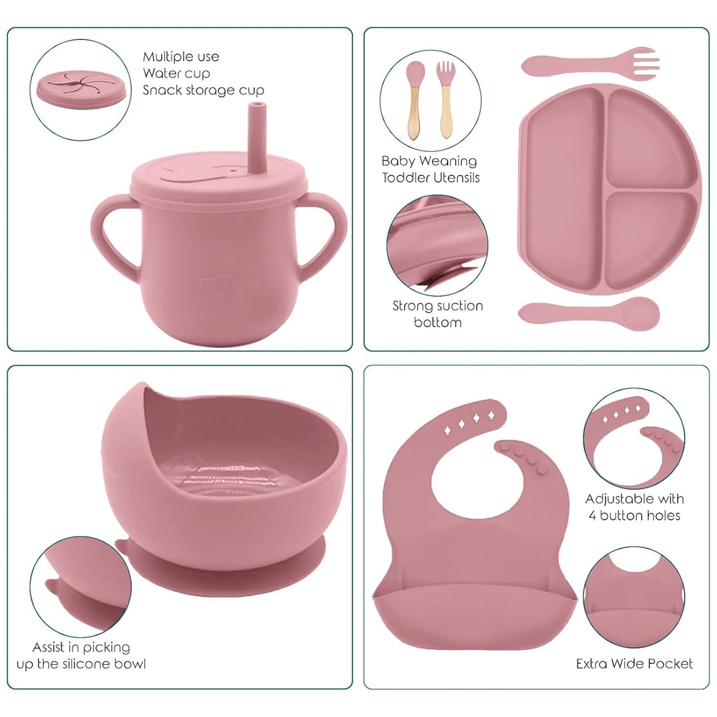 100% Silicone Baby Feeding Set, BPA Free Baby Dishes with Suction Bowl, Divided Plate, Toddler Self Feeding Dish Set with Spoons, Forks, Sippy Cup and Bib, Baby Eating Utensils (Navy Blue)