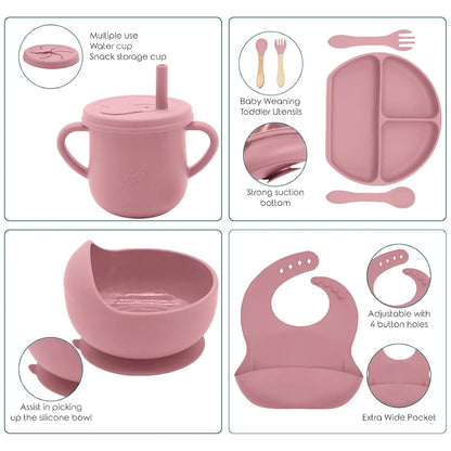 100% Silicone Baby Feeding Set, BPA Free Baby Dishes with Suction Bowl, Divided Plate, Toddler Self Feeding Dish Set with Spoons, Forks, Sippy Cup and Bib, Baby Eating Utensils (Navy Blue)