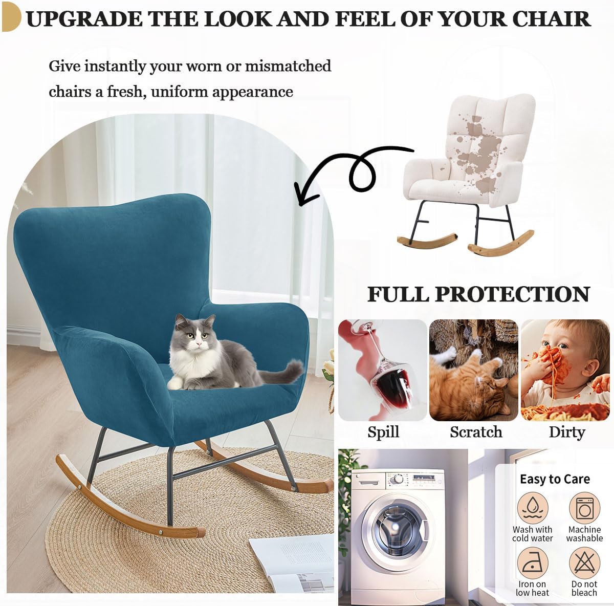 Levoberg Nursery Rocking Chair Cover Velvet Rocker Glider Chairs Cover Slipcovers Stretch Rocking Accent Chair Cover Recliner Armchair Slipcover for Nursery Living Room Bedroom Office Camel