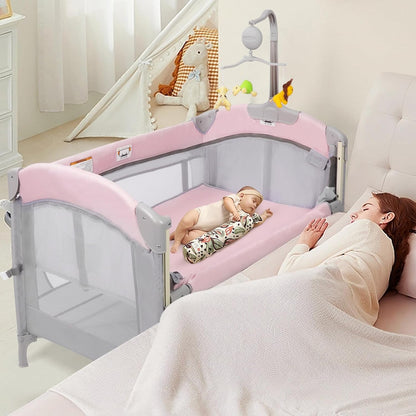 SIMPLGIRL 5-in-1 Baby Bassinet Bedside Crib, Pack and Play Long Next to Parents Bed Crib, Foldable Playard, Playpen Travel Bed Nursery Center for Girl Boy Infant Newborn