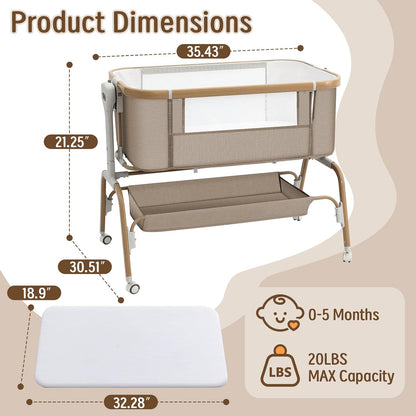 Rocking Baby Bassinet Bedside Sleeper, Detachable Portable Bassinet & Adjustable Crib with 8 Heights, Breathable Mesh, Storage Basket & Mobile Toy for Newborns to Toddlers(Oatmeal)