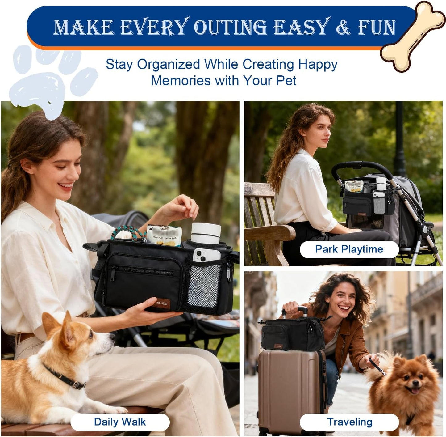 Dog Stroller Organizer Bag, Dog Mom Gifts for Women Pet Stroller Caddy, Stroller Accessories with Cup Holder, Poop Bag Dispenser, Pockets for Dog Essentials, Fits 14–19" Handles, Dog Mom Gift Ideas